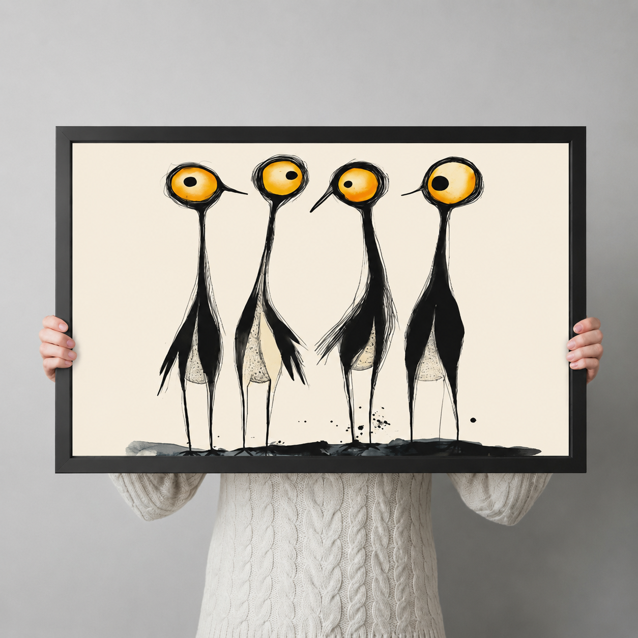 Person in cream cable-knit sweater holding large black framed print of four quirky abstract ink birds with golden yellow eyes, unique wall art gift