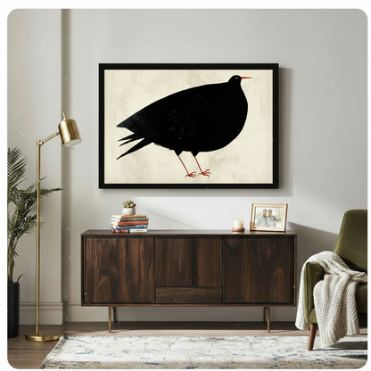 Abstract black bird with red beak canvas wall art in black frame above dark walnut sideboard in warm mid-century modern living room
