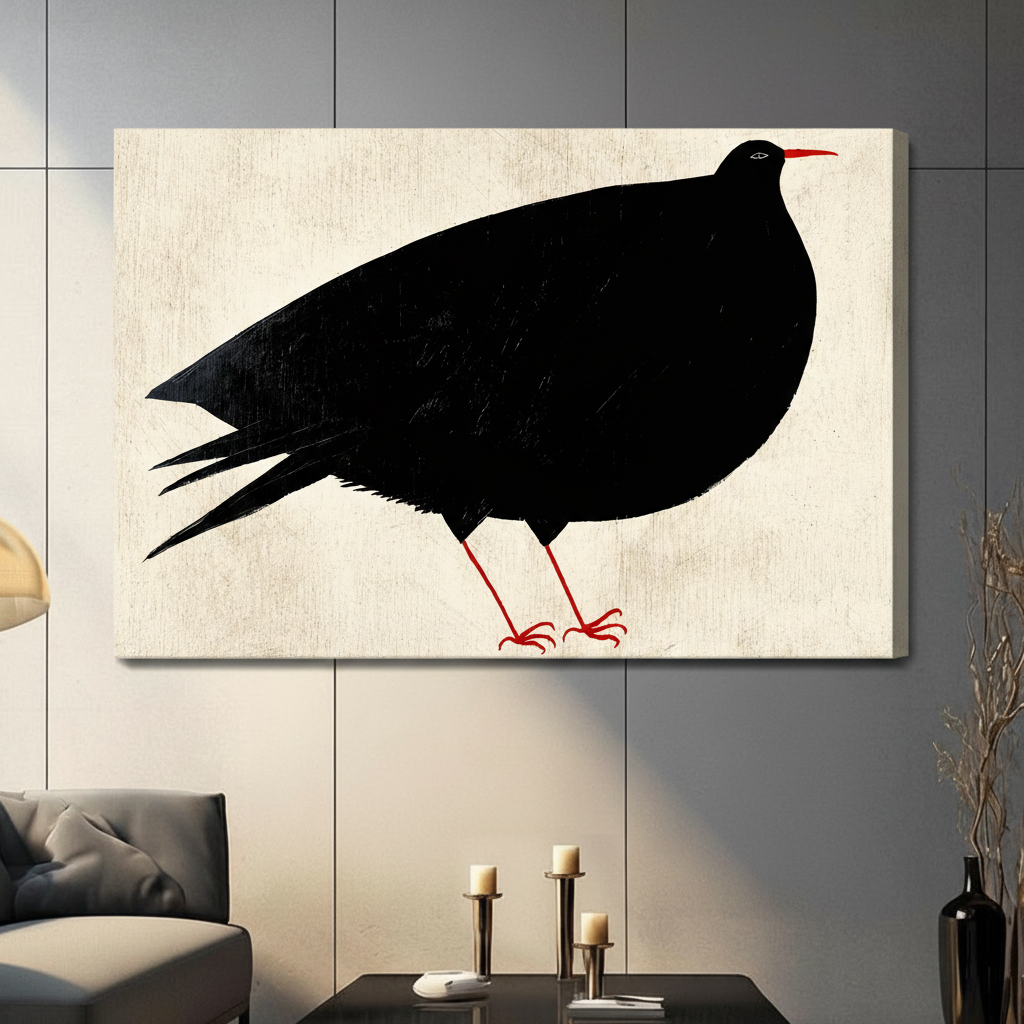 Abstract black bird silhouette with red accents gallery wrap canvas print hanging on grey panel wall in contemporary living space