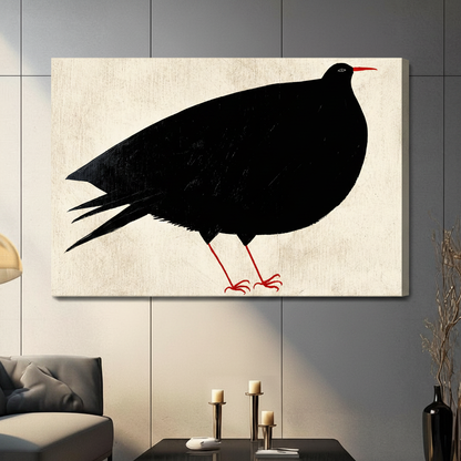 Abstract black bird silhouette with red accents gallery wrap canvas print hanging on grey panel wall in contemporary living space
