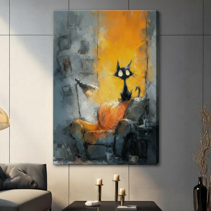 Unframed stretched canvas print of a quirky big-eyed black cat perched on an orange sofa chair surrounded by a warm golden yellow glow and cool blue-grey abstract impasto oil painting texture in expressive modern art style
