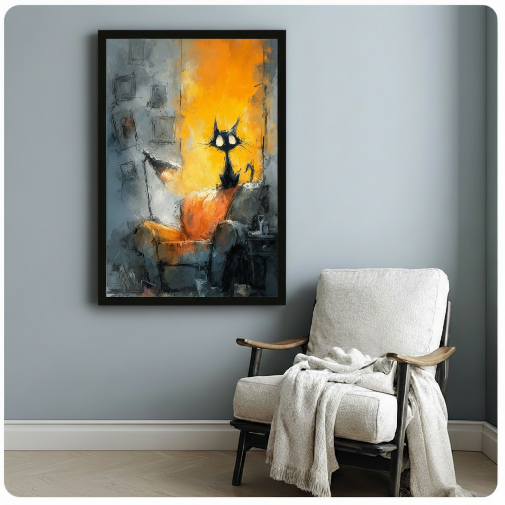 Black framed abstract black cat on orange armchair canvas art print with bold golden yellow glow and blue-grey impasto brushstroke background in expressive oil painting style on a blue-grey wall beside a white linen armchair with draped throw
