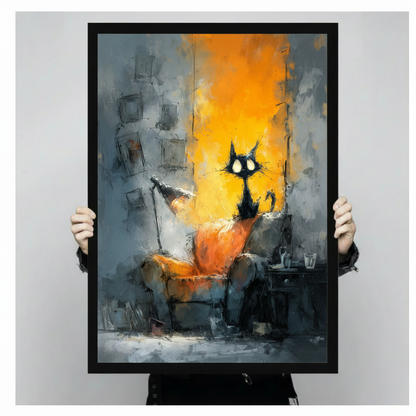 Person holding a large black framed abstract expressionist black cat canvas art print showing print size scale with a wide-eyed black cat on an orange chair against a glowing amber yellow and blue-grey impasto oil painting background