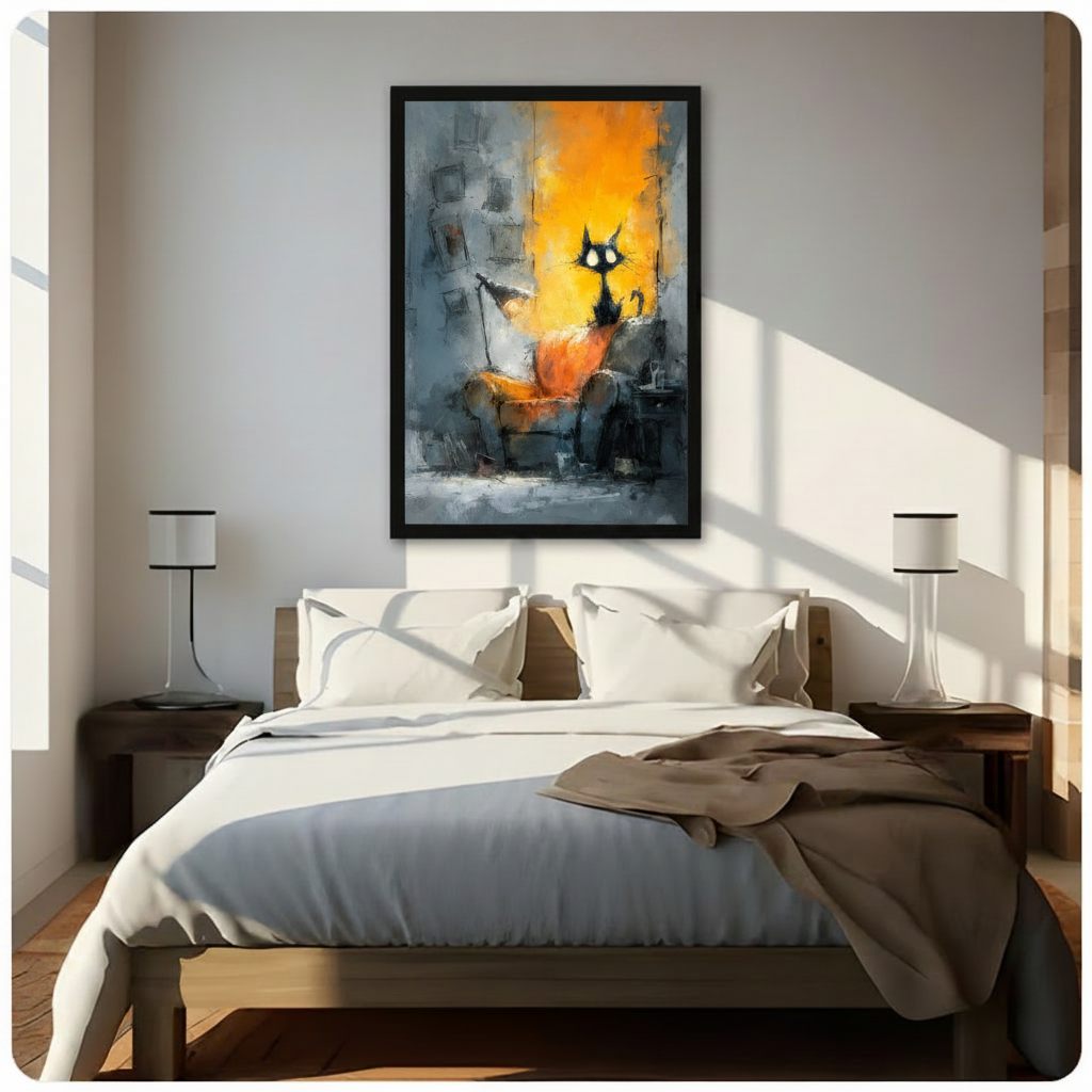 Framed abstract expressionist oil painting of a wide-eyed black cat sitting on an orange armchair with a warm golden yellow glow and textured blue-grey impasto background canvas wall art hung above a dark walnut bed with white bedding in a sunlit bedroom