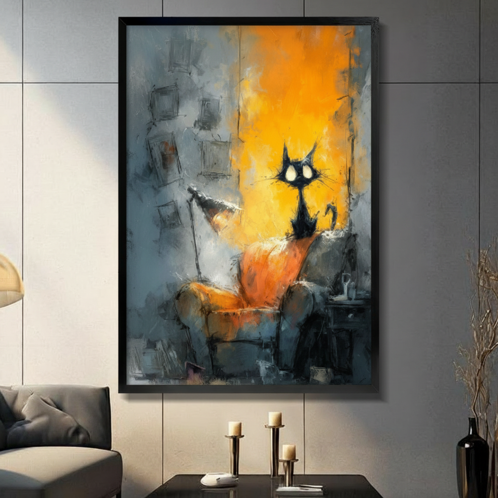 Framed abstract expressionist oil painting canvas wall art of a wide-eyed black cat sitting on an orange armchair with a glowing golden yellow background and blue-grey impasto brushstroke texture displayed on a blue-grey wall in a modern living room