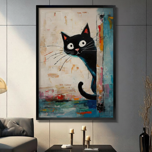 Abstract black cat canvas print with vibrant multicolor brushstroke detail in dark contemporary living room - bold expressive cat wall art with teal accent tones for modern interior decor