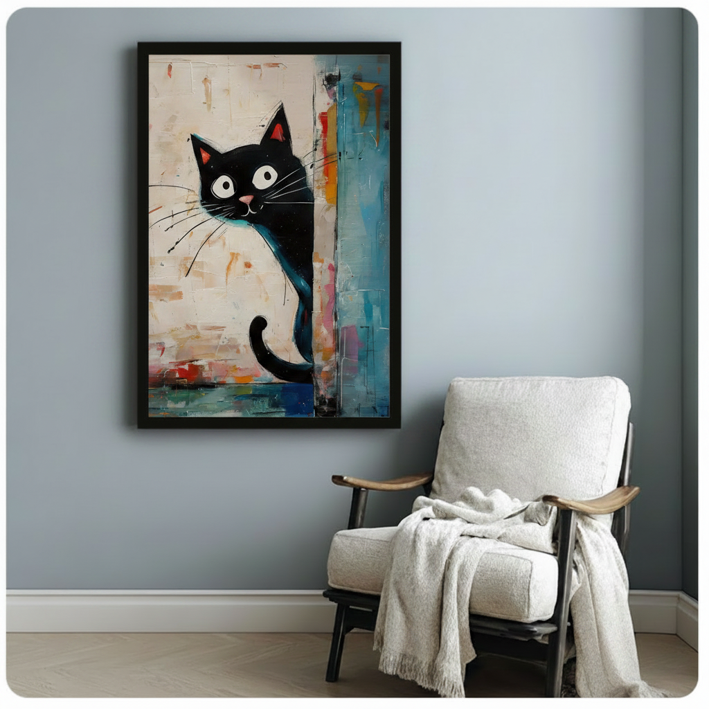 Black framed abstract cat canvas art beside white armchair - bold whimsical black cat painting with textured brushstroke background for minimalist bedroom or reading nook decor