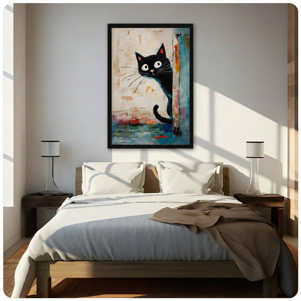 Framed abstract black cat wall art above bed in sunlit minimalist bedroom - whimsical cat canvas print with colorful textured background for contemporary bedroom home decor