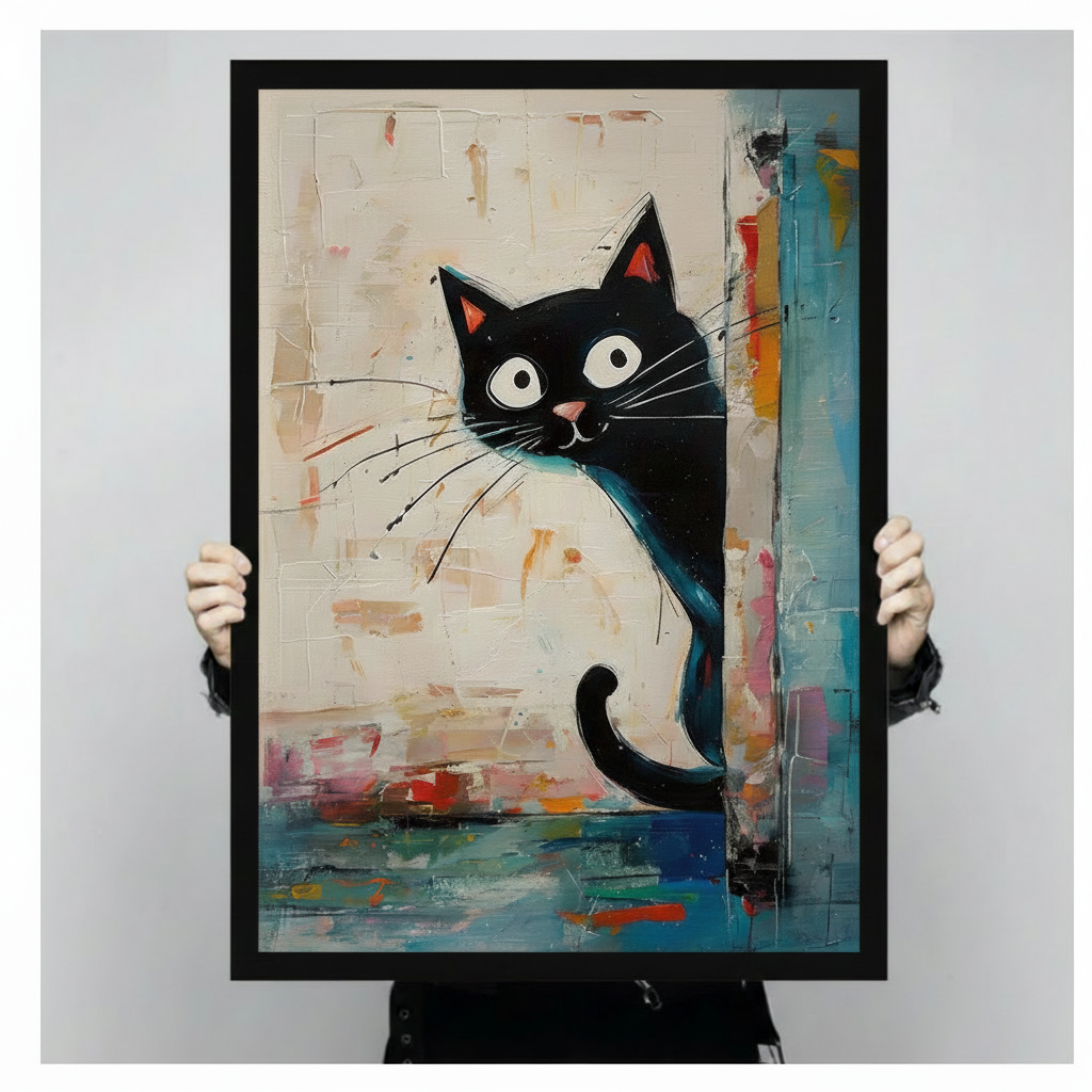 Framed abstract black cat canvas print held in hands showing full artwork - expressive whimsical cat wall art with cream and teal textured brushstroke background for contemporary home decor