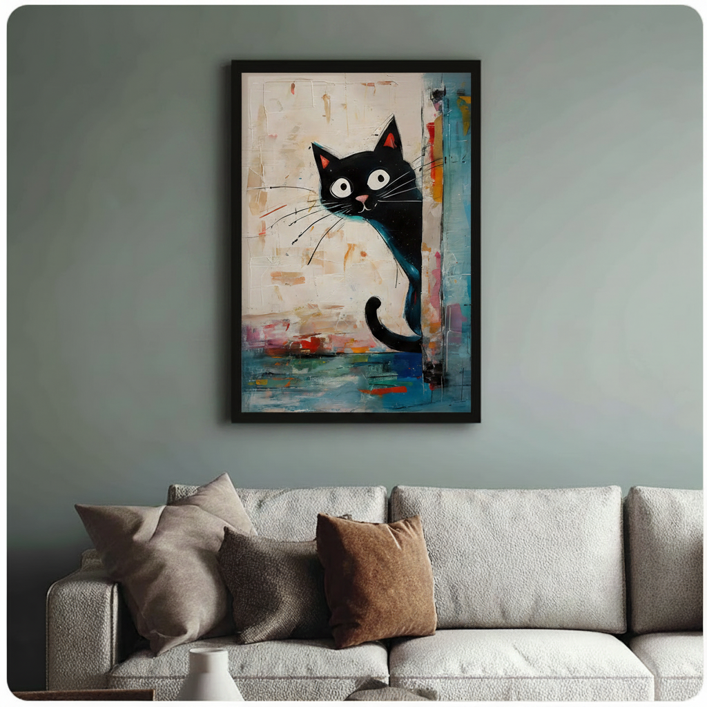 Framed black cat abstract print with expressive paint texture above sofa - charming cat lover wall art with colorful accent tones for neutral living room styling