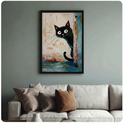 Framed black cat abstract print with expressive paint texture above sofa - charming cat lover wall art with colorful accent tones for neutral living room styling