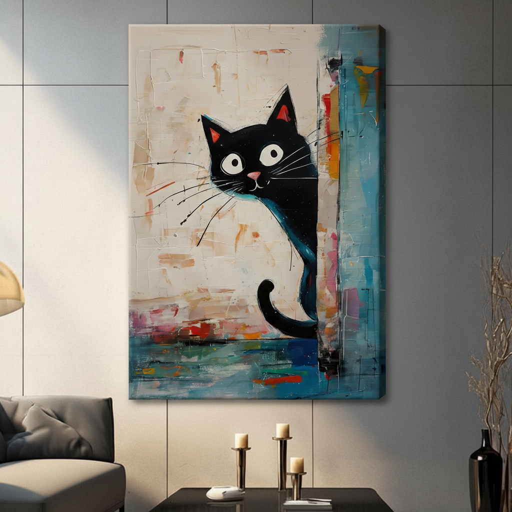 Unframed stretched canvas abstract black cat painting with vibrant teal and multicolor background - playful contemporary cat wall art for living room and open plan home decor