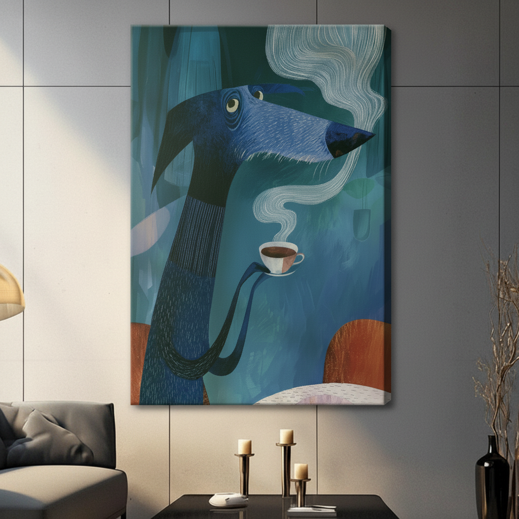 Unframed canvas print of a quirky blue dachshund balancing a hot coffee cup, hung on a gray tile wall in a contemporary living room