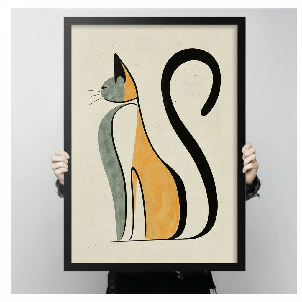 Person holding large framed canvas of abstract amber and black minimalist cat line illustration — premium modern wall art with black wood frame