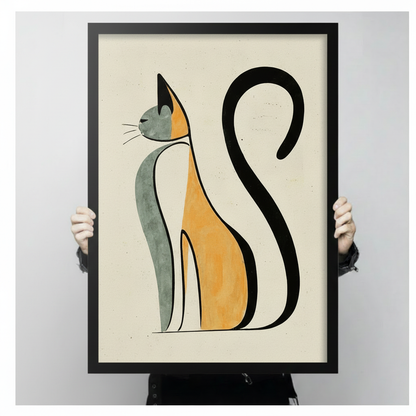 Person holding large framed canvas of abstract amber and black minimalist cat line illustration — premium modern wall art with black wood frame