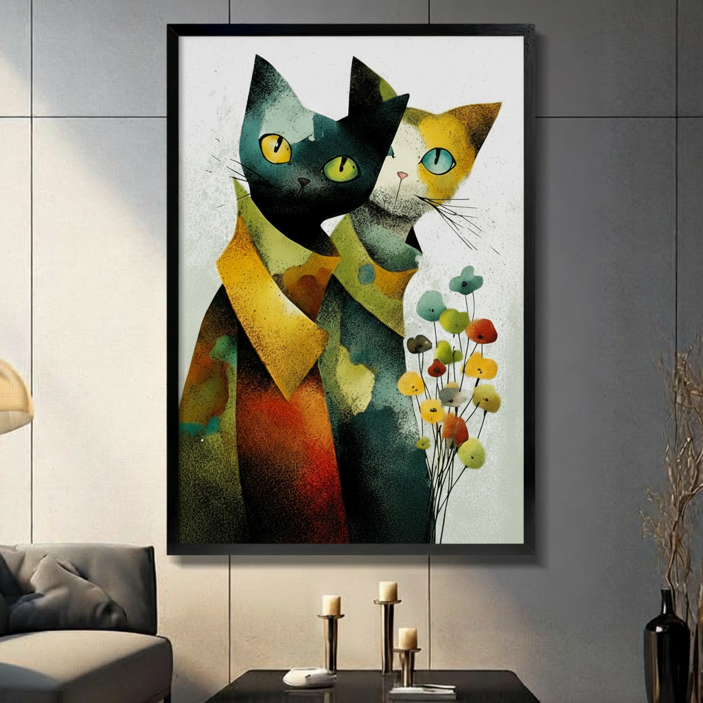 Abstract cat couple wall art print in black frame on dark grey wall with candlestick decor