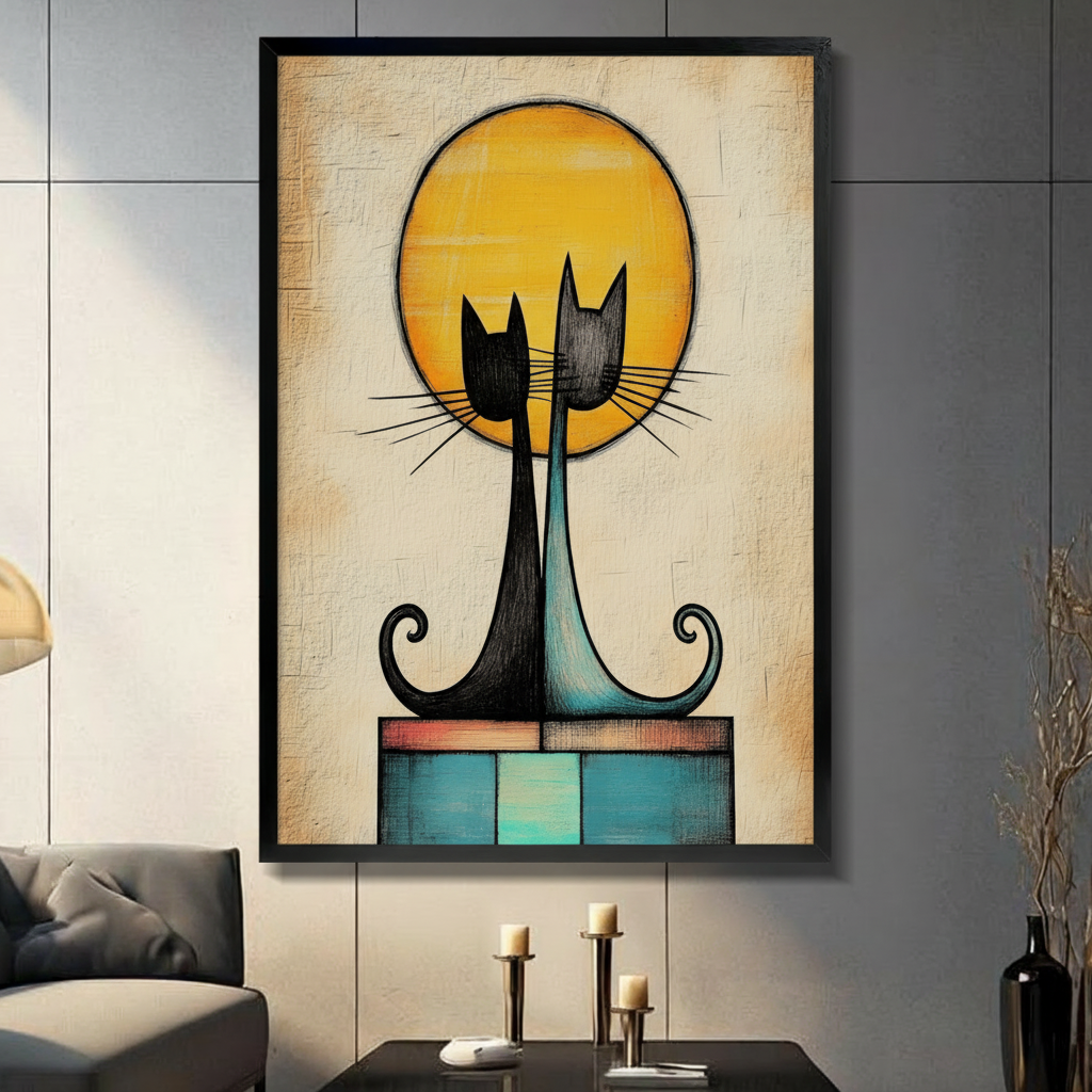 Abstract black and teal cat duo with golden moon framed canvas wall art displayed in modern living room with dark accent wall