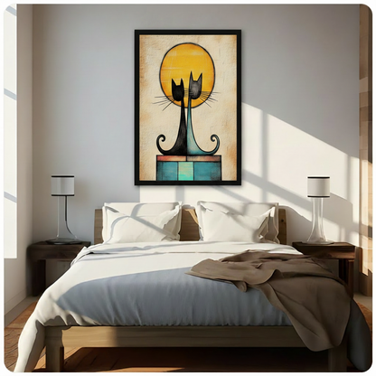 Framed two cats and golden moon abstract canvas art above wooden bed in bright minimalist bedroom — statement mid-century wall decor