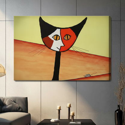 Frameless canvas abstract cat wall art with mouse detail in warm red and yellow tones hung on gray tile wall