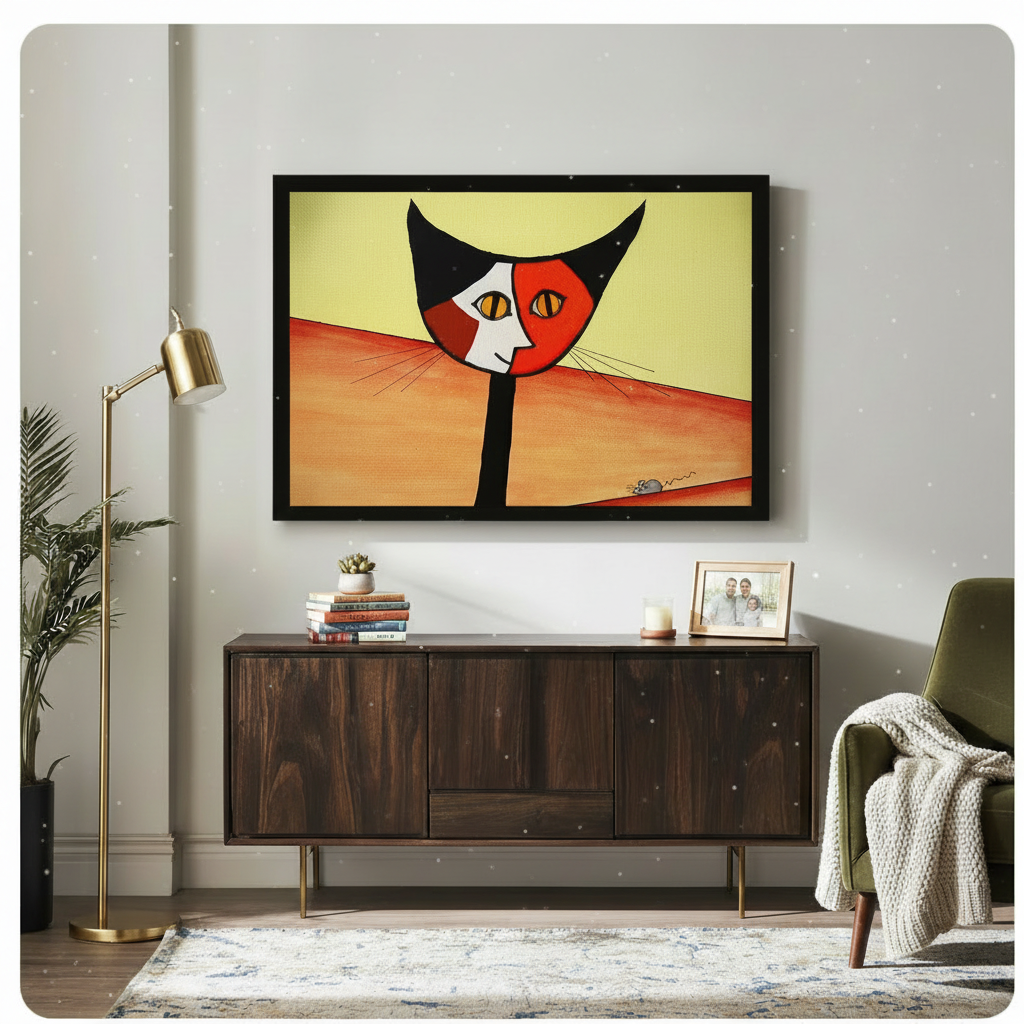 Bold abstract cat wall art with mouse accent in black frame displayed above wooden sideboard in a bright contemporary living room