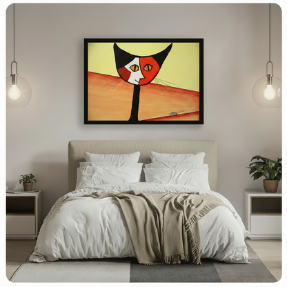Abstract cat and mouse wall art in black frame hung above bed in a minimalist neutral bedroom with pendant lighting