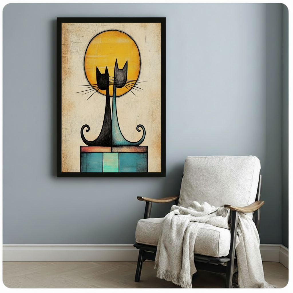 Framed abstract cat pair with golden moon canvas print beside white armchair in cozy reading nook — eclectic boho wall decor