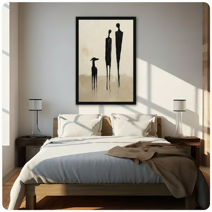 Abstract minimalist figures and greyhound framed canvas print above bed, elegant black and beige wall art adding sophistication to neutral bedroom