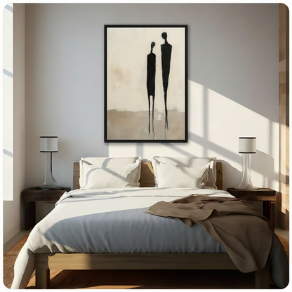Abstract couple silhouette framed wall art above bed in sunlit neutral bedroom - minimalist black figure canvas print for master bedroom decor