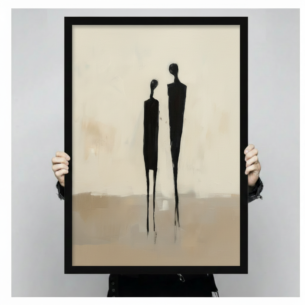 Hands holding large framed abstract couple silhouette canvas print - minimalist black figurative wall art on cream textured background