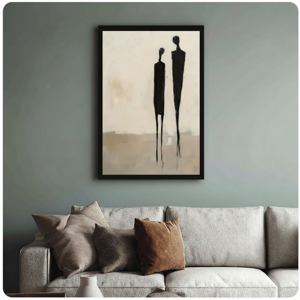 Abstract couple silhouette framed art print above cream linen sofa on sage blue wall - sophisticated minimalist canvas wall decor for living room