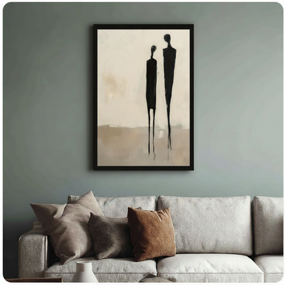 Abstract couple silhouette framed art print above cream linen sofa on sage blue wall - sophisticated minimalist canvas wall decor for living room