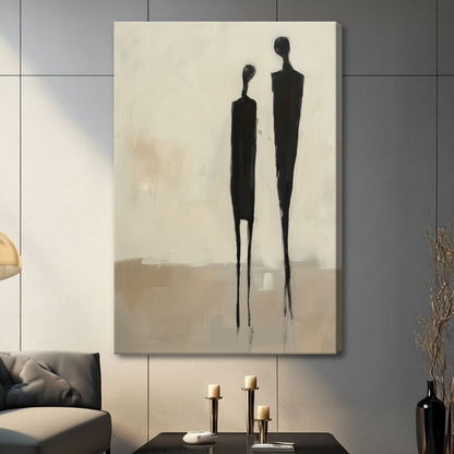 Unframed abstract couple silhouette canvas print on grey stone wall - modern minimalist figurative wall art with beige textured background for home decor