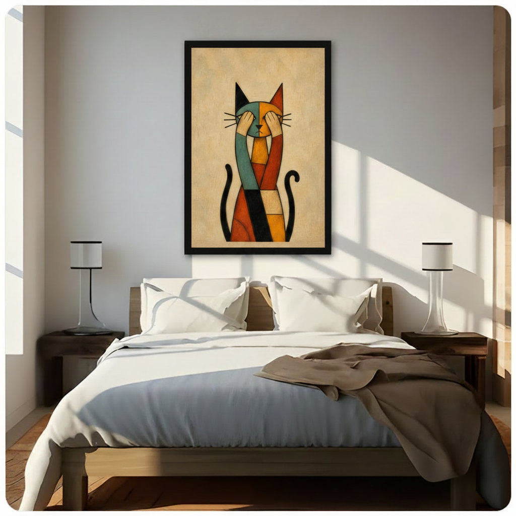 Framed abstract cubist cat in teal orange and black canvas art above wooden bed in bright Scandinavian bedroom — bold statement wall decor