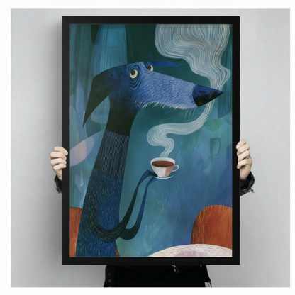 Close-up of a framed abstract blue dachshund coffee painting held by two hands, showing print texture and size detail