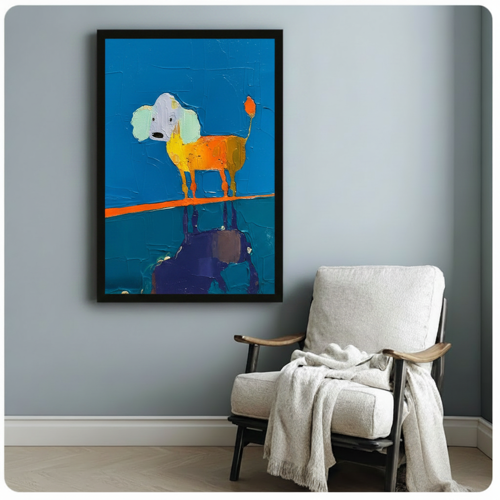 Black-framed abstract dog wall art featuring a whimsical poodle in warm orange tones standing above its dark reflection on a bold blue background, styled beside a white linen armchair