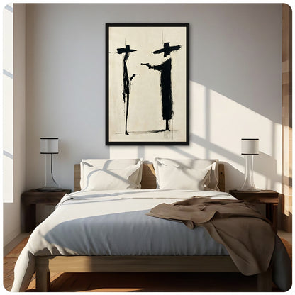 Abstract black figure canvas art framed above a sunlit bed, creating a calm monochrome bedroom focal point.