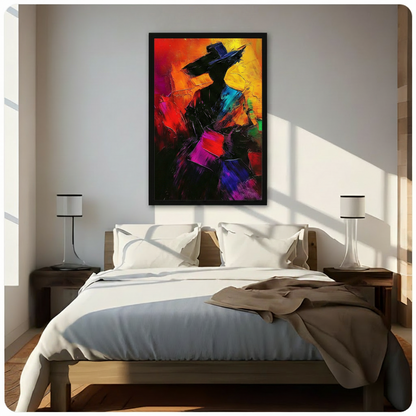 abstract figure hat framed canvas black frame above bed bedroom nightstand lamps sunlight modern colorful decor