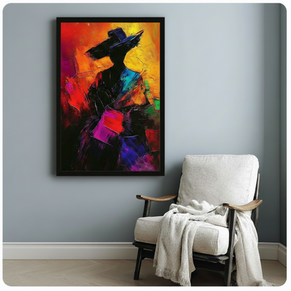 abstract figure hat framed canvas black frame blue gray wall white armchair cozy reading nook colorful wall art