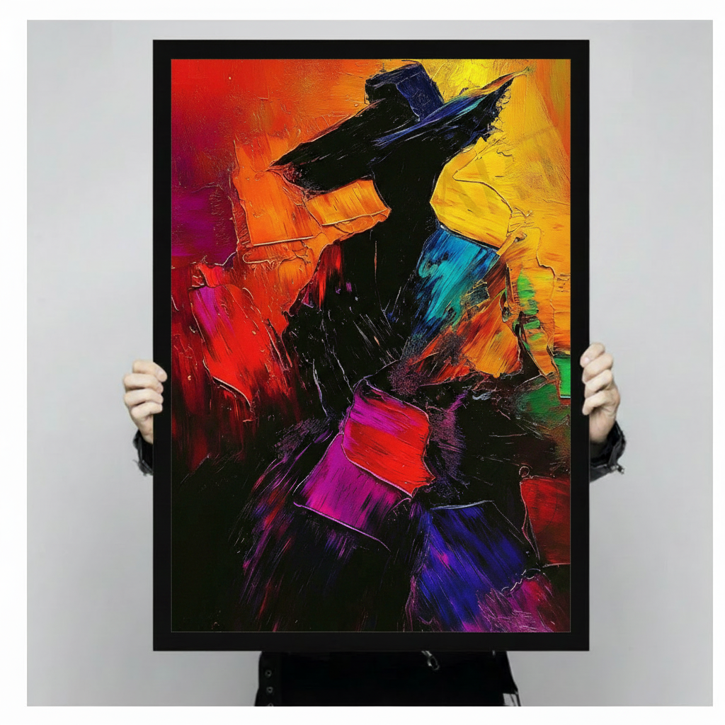 colorful abstract figure wide brim hat framed canvas hands holding size display bold oil painting wall art
