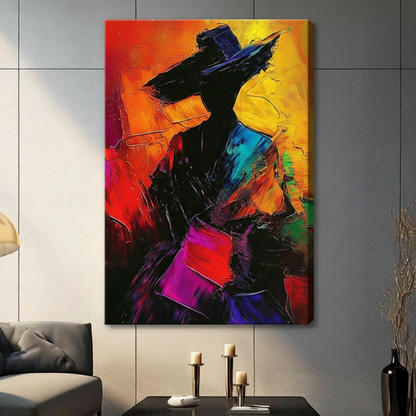 abstract colorful figure wide brim hat stretched canvas no frame gray living room sofa candle holders bold decor