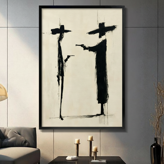 Abstract black figure framed wall art displayed against tiled walls with candles and contemporary neutral decor.