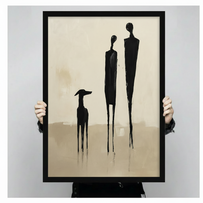 Framed canvas art print of abstract elongated human figures and greyhound in black on warm beige, held up showing full artwork and black frame