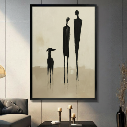 Minimalist abstract figures and greyhound silhouette on beige background, framed canvas wall art in black frame hung on grey tile wall in modern living room