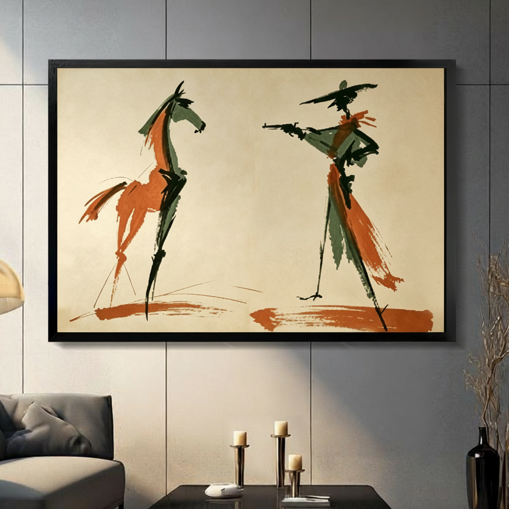 Modern abstract figure canvas art above a neutral bedroom