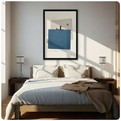 Large black framed canvas of a minimalist fisherman silhouette on a boat with seagulls and a golden sun, blue and grey layered geometric shapes, displayed above a bed as bedroom wall art