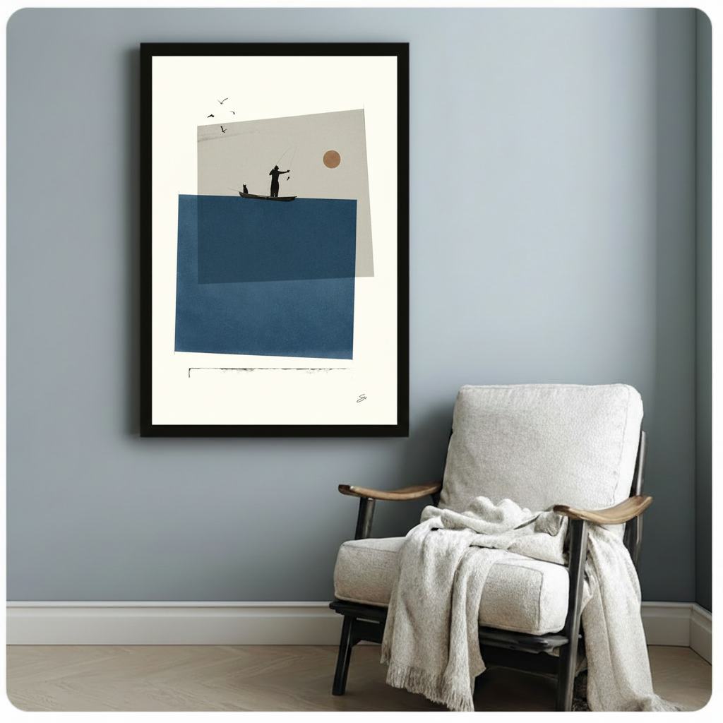 Black framed art print with a fisherman silhouette casting a line from a small boat, layered blue and grey abstract shapes, mounted above a white linen armchair on a blue-grey wall