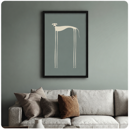 Black framed abstract dog wall art print showing a stylised greyhound silhouette in cream on a dusty blue-green background, mounted above a neutral linen sofa against a sage green wall