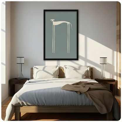 Framed abstract greyhound wall art print in cream and blue-grey tones, hung above a wooden bed with white linen in a sunlit minimalist bedroom with warm natural light