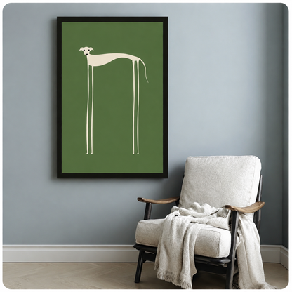 Abstract greyhound art print in black frame hung on blue-grey wall beside white armchair