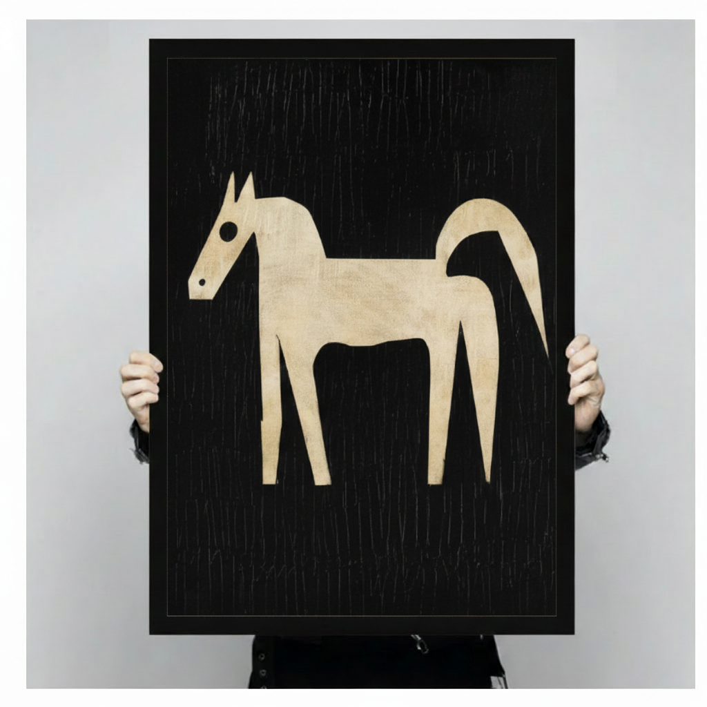 Person holding large abstract horse canvas art print showing scale — black background with cream horse silhouette